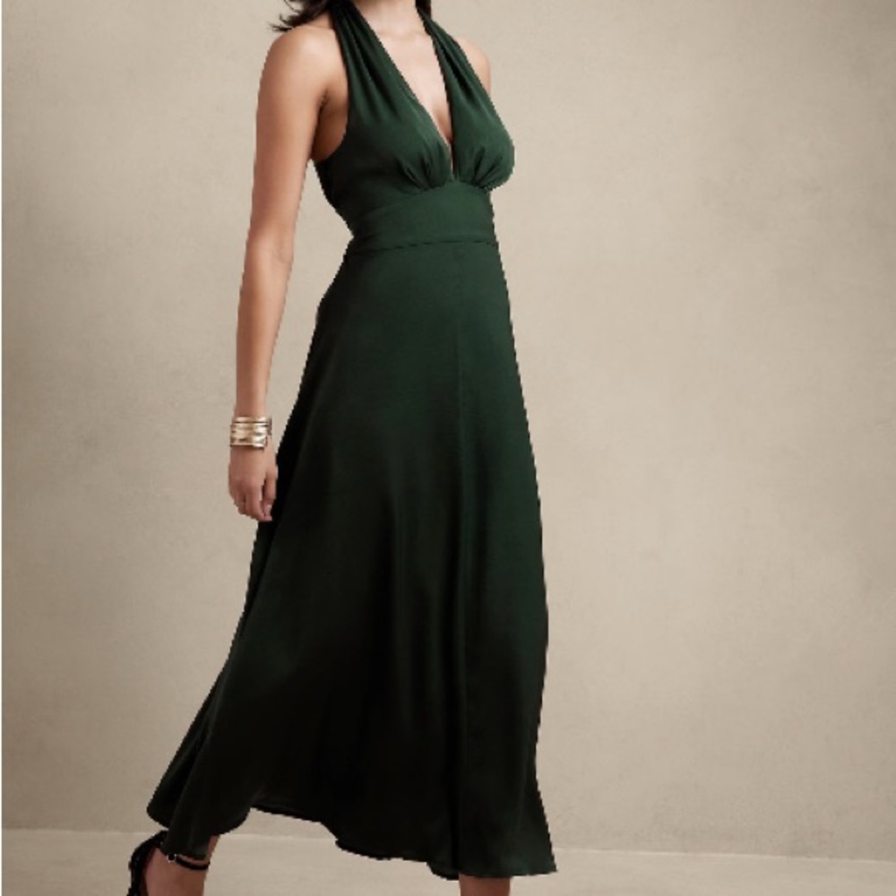 Banana Republic Dark Green Silk Halter Dress